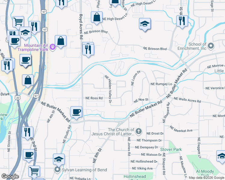 map of restaurants, bars, coffee shops, grocery stores, and more near 882 Northeast Hidden Valley Drive in Bend