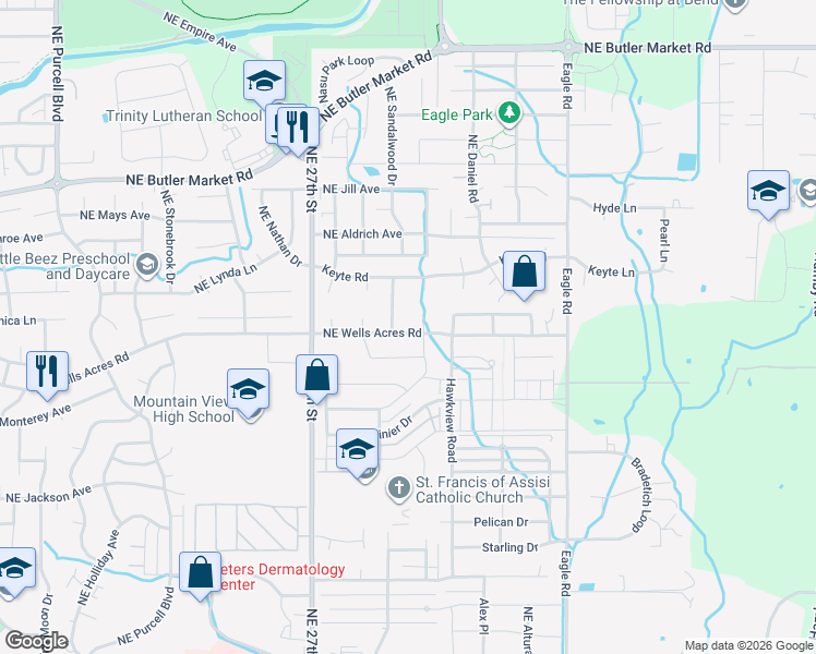 map of restaurants, bars, coffee shops, grocery stores, and more near 2850 Northeast 27th Street in Bend