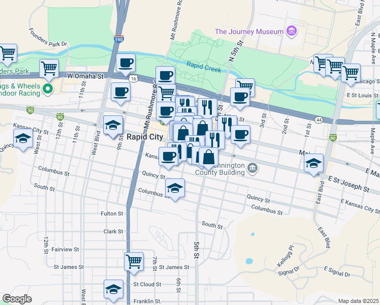 map of restaurants, bars, coffee shops, grocery stores, and more near 528 6th Street in Rapid City