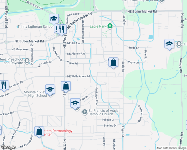 map of restaurants, bars, coffee shops, grocery stores, and more near 62763 Hawkview Road in Bend