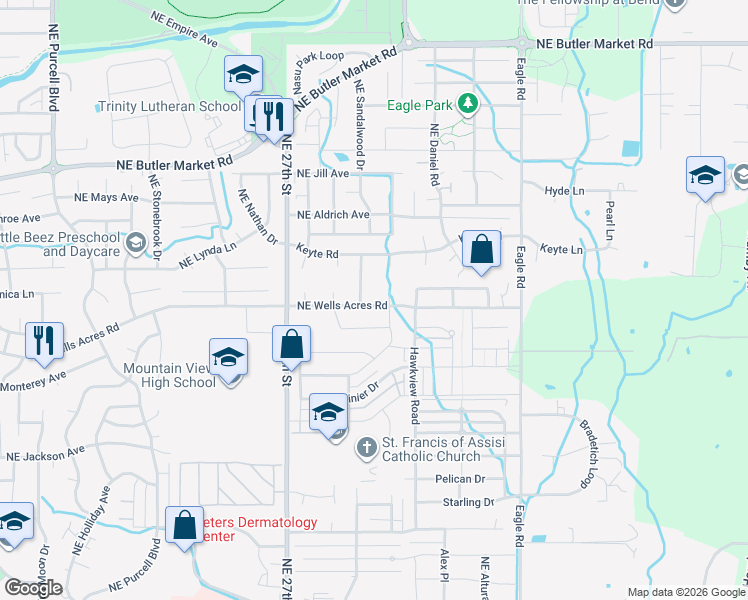 map of restaurants, bars, coffee shops, grocery stores, and more near 2850 Northeast 27th Street in Bend