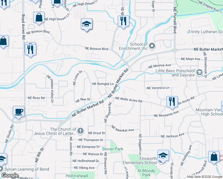 map of restaurants, bars, coffee shops, grocery stores, and more near 1598 Northeast Wells Acres Road in Bend