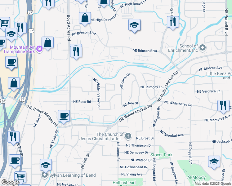 map of restaurants, bars, coffee shops, grocery stores, and more near 2825 Northeast Lotno Drive in Bend