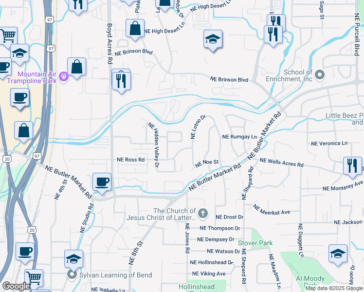 map of restaurants, bars, coffee shops, grocery stores, and more near 2825 Northeast Lotno Drive in Bend