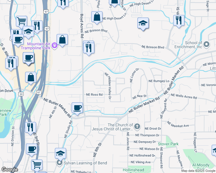 map of restaurants, bars, coffee shops, grocery stores, and more near 899 Northeast Hidden Valley Drive in Bend