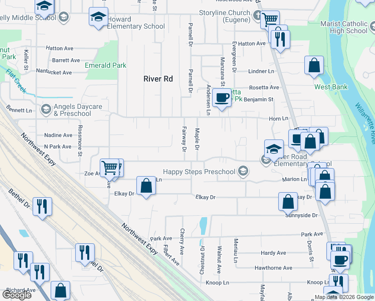 map of restaurants, bars, coffee shops, grocery stores, and more near 1015 West Hilliard Lane in Eugene