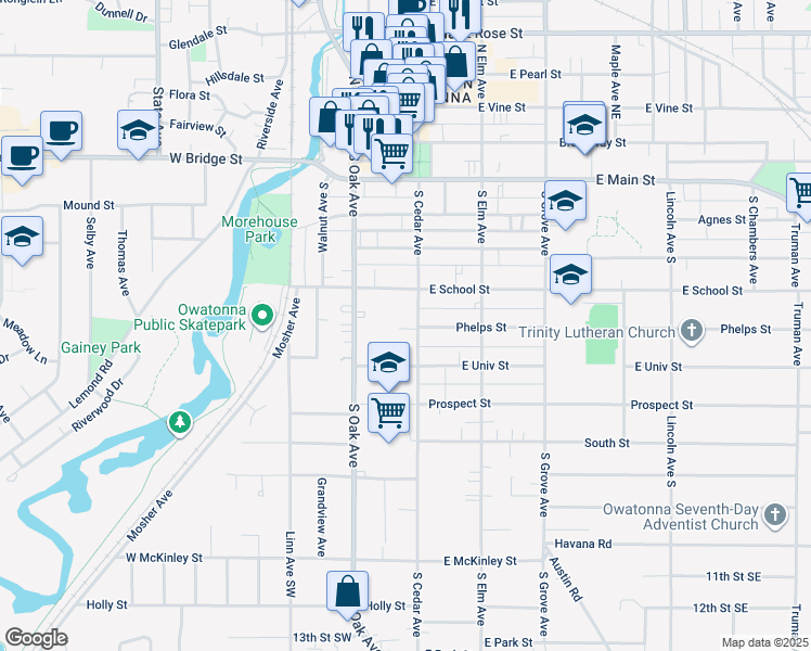 map of restaurants, bars, coffee shops, grocery stores, and more near 618 South Cedar Avenue in Owatonna