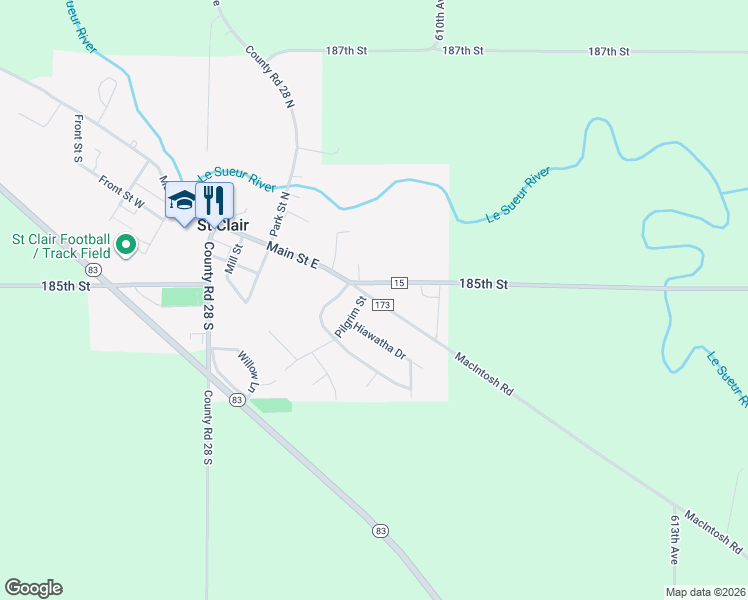 map of restaurants, bars, coffee shops, grocery stores, and more near 513 Main Street East in St. Clair