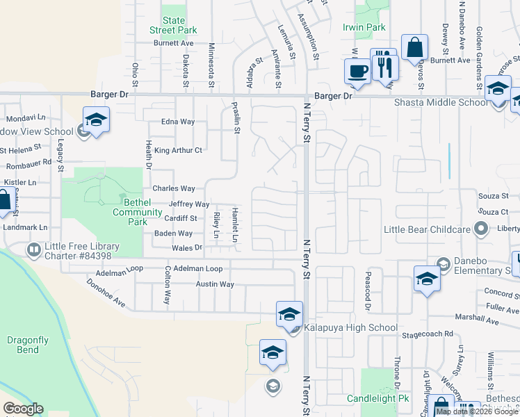 map of restaurants, bars, coffee shops, grocery stores, and more near 5327 Bridgewater Drive in Eugene