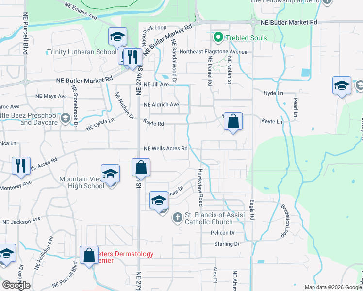 map of restaurants, bars, coffee shops, grocery stores, and more near 2934 Northeast Wells Acres Road in Bend