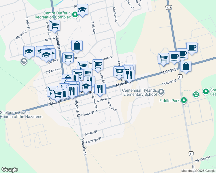 map of restaurants, bars, coffee shops, grocery stores, and more near 408 Main Street East in Shelburne