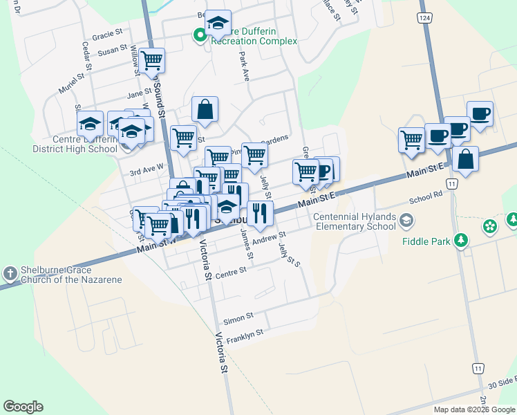 map of restaurants, bars, coffee shops, grocery stores, and more near in Dufferin County