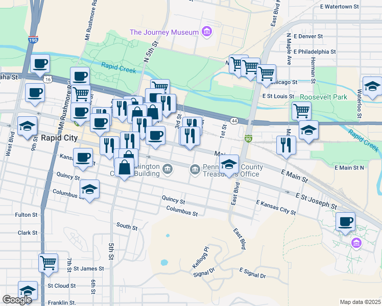 map of restaurants, bars, coffee shops, grocery stores, and more near 201 Main Street in Rapid City