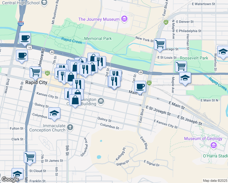 map of restaurants, bars, coffee shops, grocery stores, and more near 201 Main Street in Rapid City