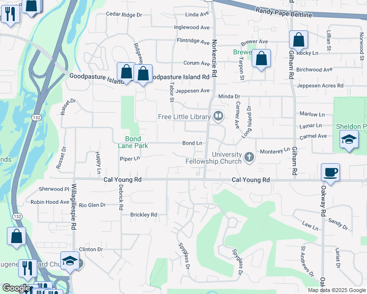 map of restaurants, bars, coffee shops, grocery stores, and more near 1515 Farm House Drive in Eugene
