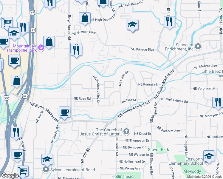map of restaurants, bars, coffee shops, grocery stores, and more near 1027 Northeast Kayak Loop in Bend