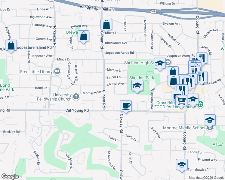 map of restaurants, bars, coffee shops, grocery stores, and more near 2120 Monterey Lane in Eugene