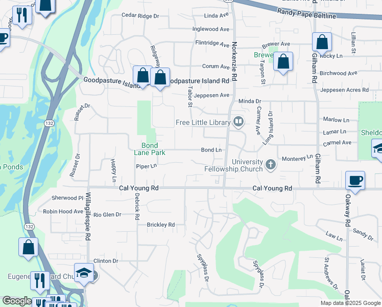map of restaurants, bars, coffee shops, grocery stores, and more near 1415 Cal Young Road in Eugene