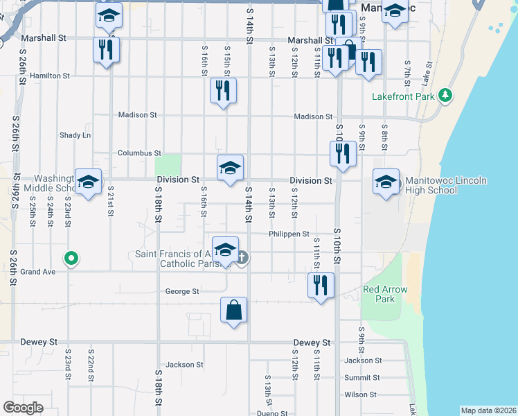 map of restaurants, bars, coffee shops, grocery stores, and more near 1621 South 14th Street in Manitowoc