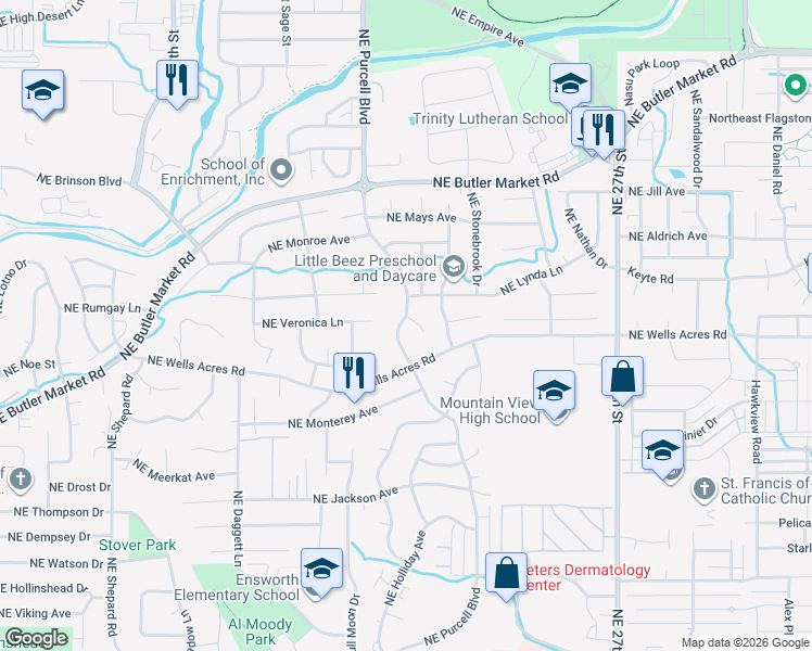 map of restaurants, bars, coffee shops, grocery stores, and more near 2914 Northeast Purcell Boulevard in Bend