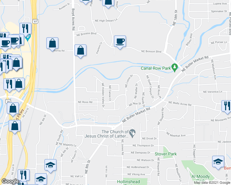 map of restaurants, bars, coffee shops, grocery stores, and more near 1006 Northeast Ross Road in Bend
