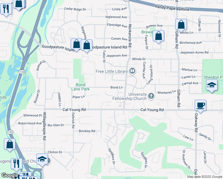 map of restaurants, bars, coffee shops, grocery stores, and more near 1515 Farm House Drive in Eugene