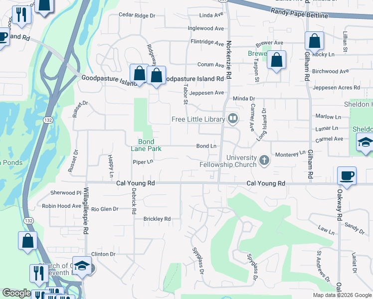 map of restaurants, bars, coffee shops, grocery stores, and more near 1415 Cal Young Road in Eugene