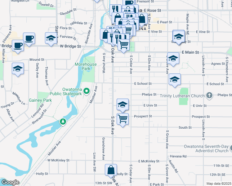 map of restaurants, bars, coffee shops, grocery stores, and more near 615 South Oak Avenue in Owatonna