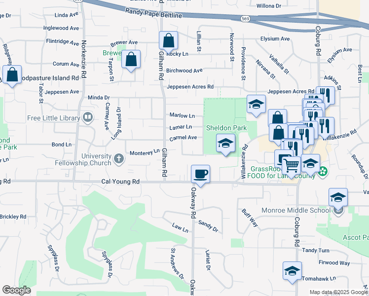 map of restaurants, bars, coffee shops, grocery stores, and more near 1615 Carlton Street in Eugene