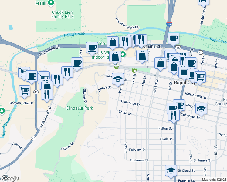 map of restaurants, bars, coffee shops, grocery stores, and more near 1315 Quincy Street in Rapid City