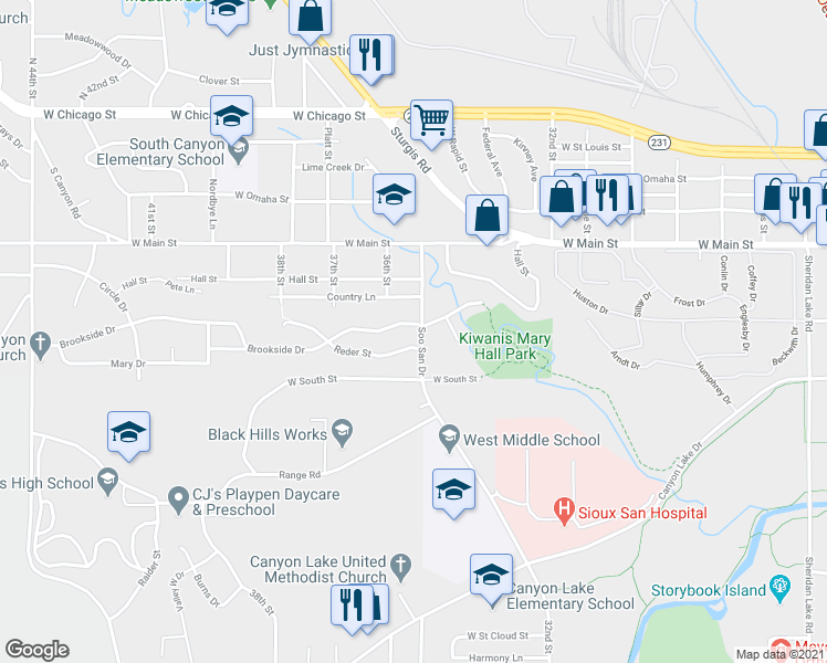 map of restaurants, bars, coffee shops, grocery stores, and more near 3501 Brookside Drive in Rapid City