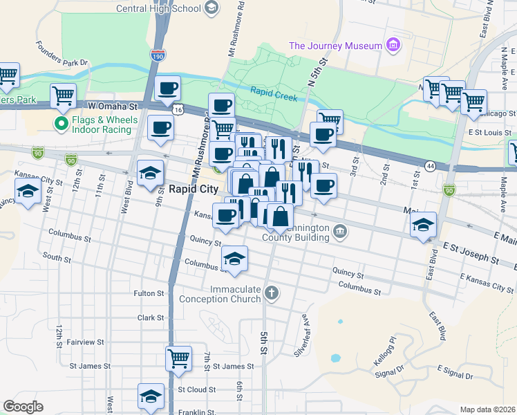 map of restaurants, bars, coffee shops, grocery stores, and more near 528 6th Street in Rapid City