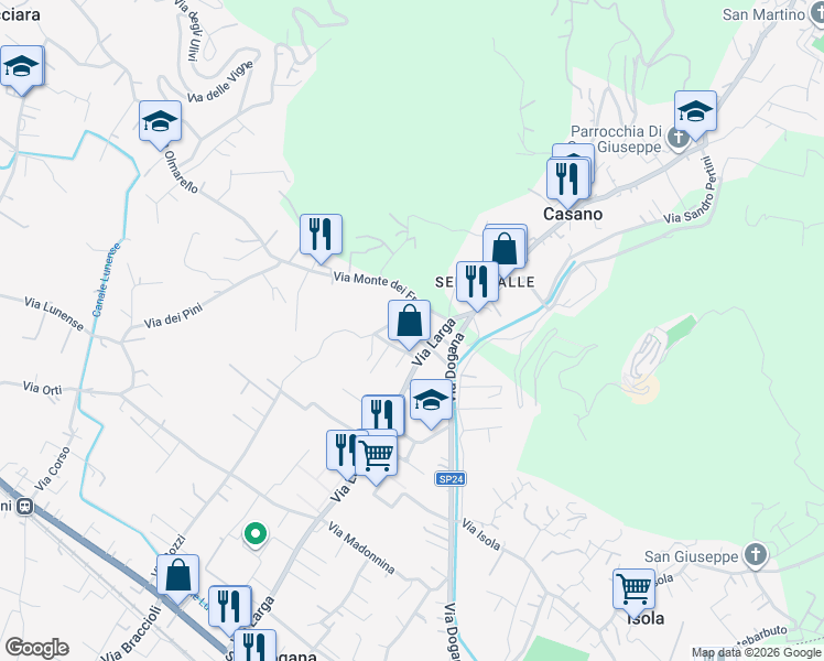 map of restaurants, bars, coffee shops, grocery stores, and more near 13 Via delle Rose in Casano