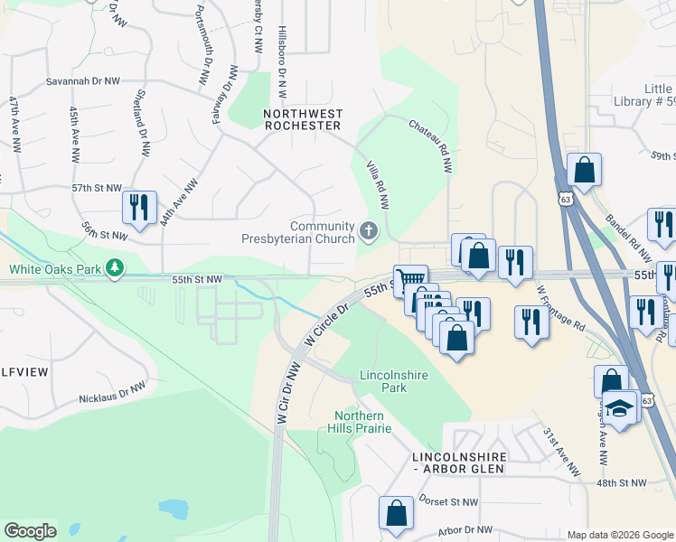 map of restaurants, bars, coffee shops, grocery stores, and more near 3859 Chesapeake Lane Northwest in Rochester