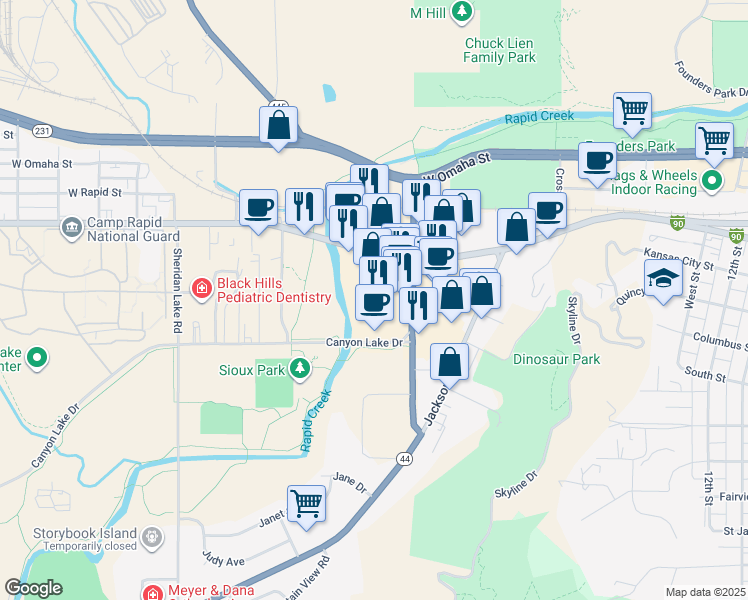 map of restaurants, bars, coffee shops, grocery stores, and more near 625 Mountain View Road in Rapid City