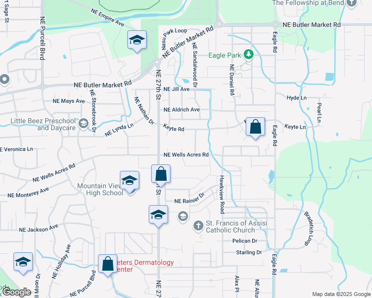 map of restaurants, bars, coffee shops, grocery stores, and more near 2976 Northeast Pinnacle Place in Bend