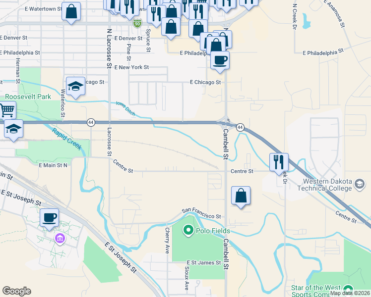 map of restaurants, bars, coffee shops, grocery stores, and more near 1033 East Omaha Street in Rapid City