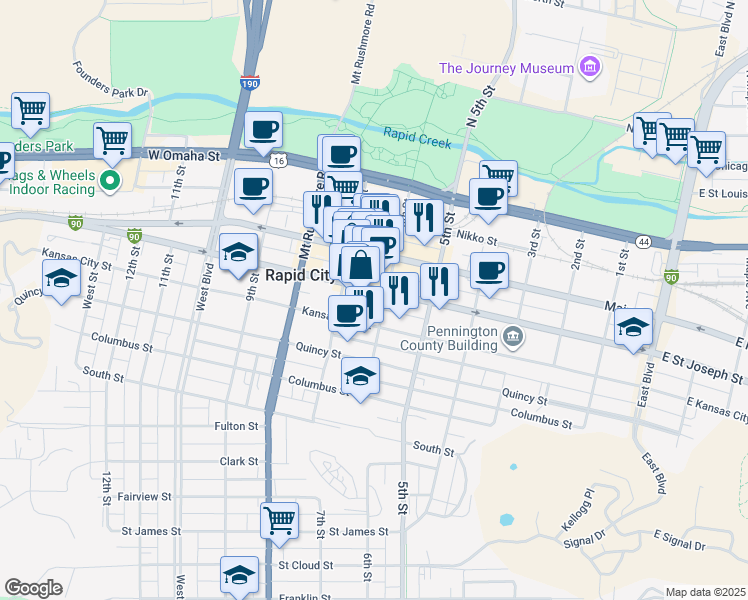 map of restaurants, bars, coffee shops, grocery stores, and more near 627 Main Street in Rapid City