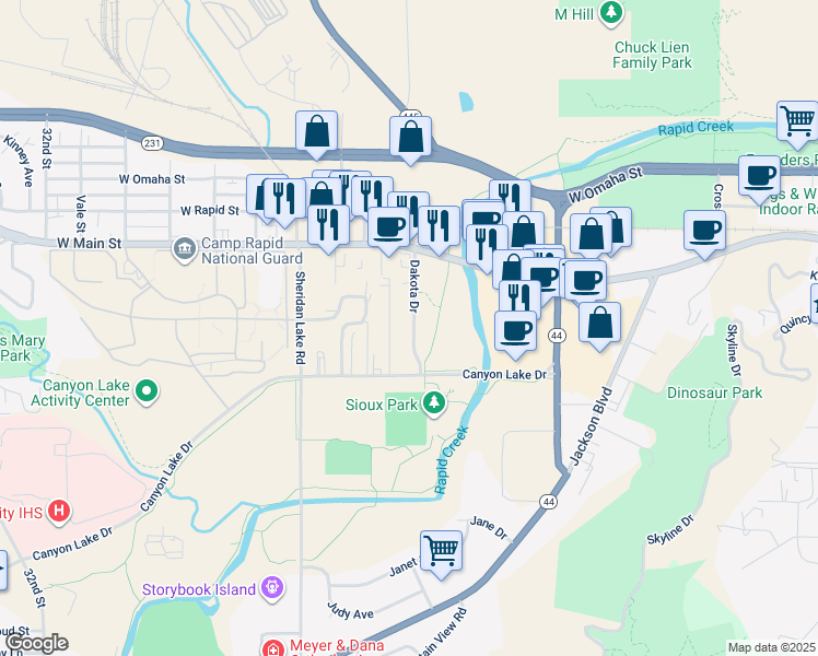 map of restaurants, bars, coffee shops, grocery stores, and more near 616 Harter Drive in Rapid City