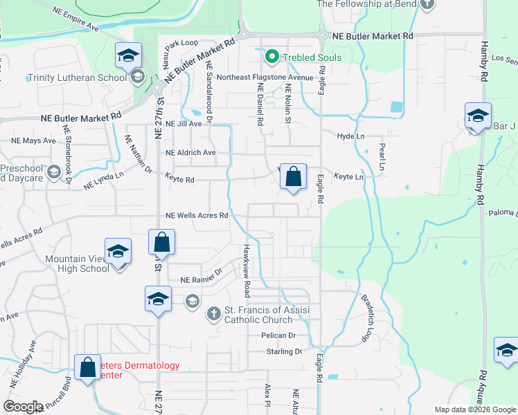 map of restaurants, bars, coffee shops, grocery stores, and more near 62808 Baskin Court in Bend