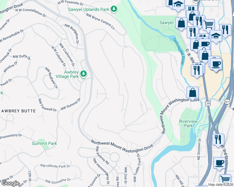 map of restaurants, bars, coffee shops, grocery stores, and more near 2952 Northwest Fairway Heights Drive in Bend
