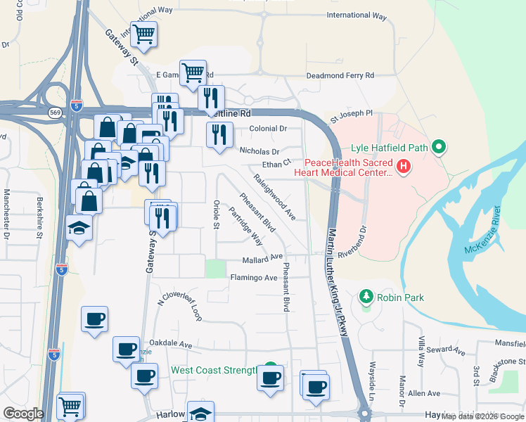 map of restaurants, bars, coffee shops, grocery stores, and more near 3275 Raleighwood Avenue in Springfield