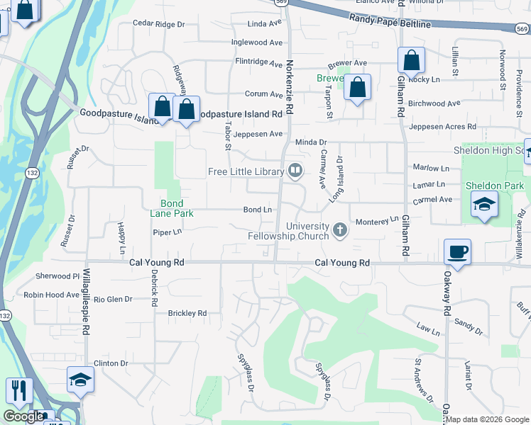 map of restaurants, bars, coffee shops, grocery stores, and more near 1560 Monterey Avenue in Eugene