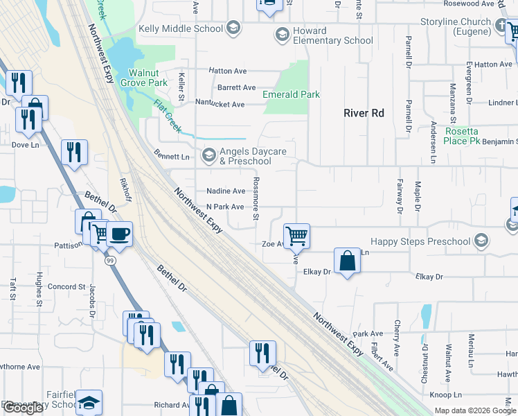 map of restaurants, bars, coffee shops, grocery stores, and more near 1087 North Park Avenue in Eugene