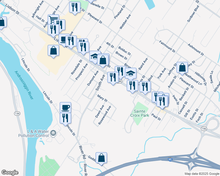 map of restaurants, bars, coffee shops, grocery stores, and more near 1035 Maine 196 in Lewiston