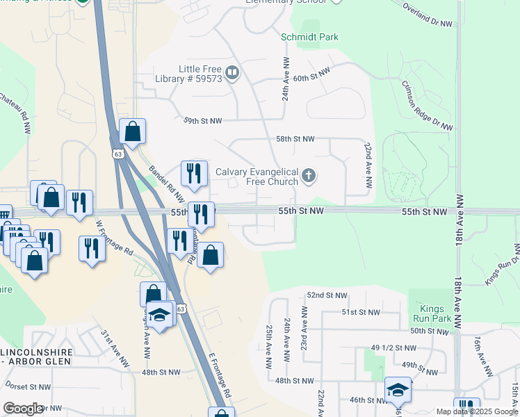map of restaurants, bars, coffee shops, grocery stores, and more near 5508 26th Avenue Northwest in Rochester