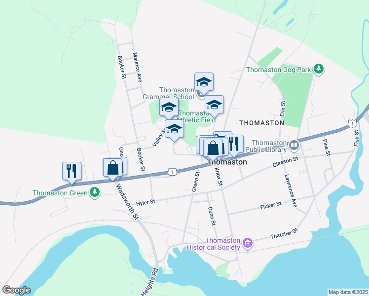 map of restaurants, bars, coffee shops, grocery stores, and more near 13 Valley Street in Thomaston