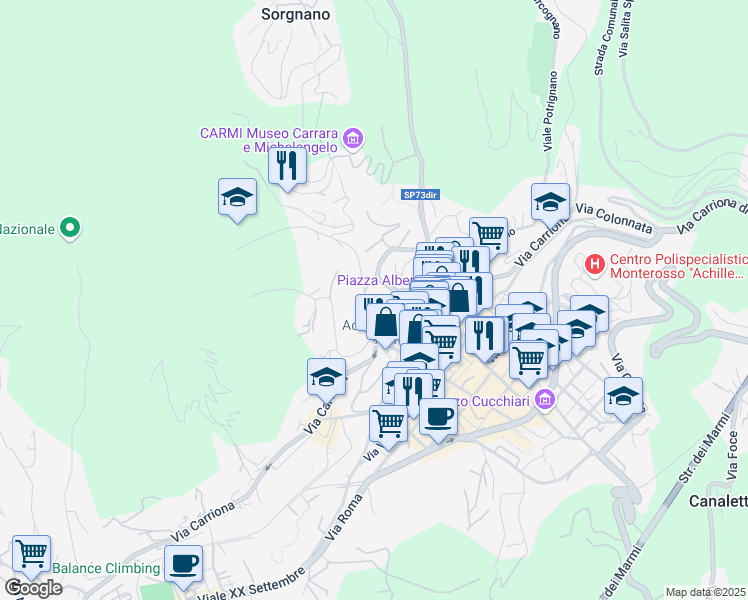 map of restaurants, bars, coffee shops, grocery stores, and more near 5 Via Apuana in Carrara