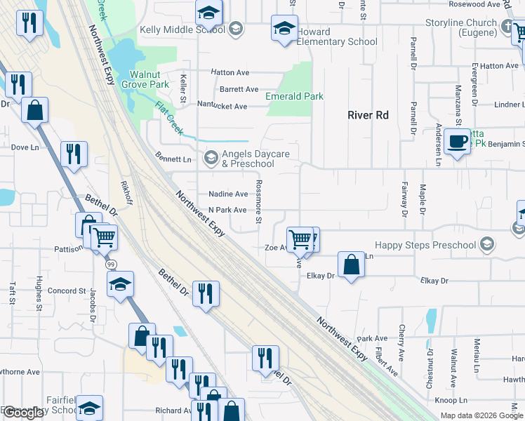 map of restaurants, bars, coffee shops, grocery stores, and more near 1087 North Park Avenue in Eugene