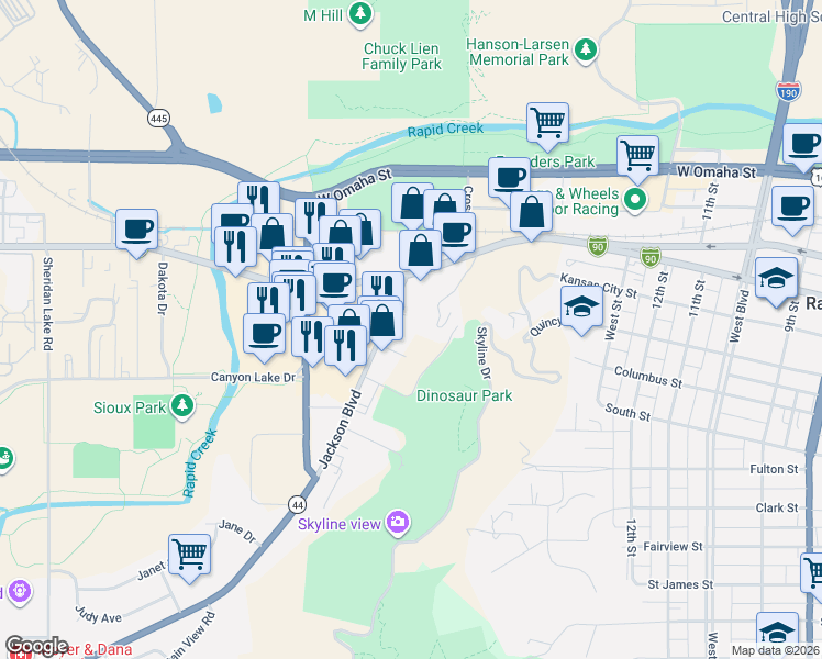 map of restaurants, bars, coffee shops, grocery stores, and more near 1800 Shaver Street in Rapid City